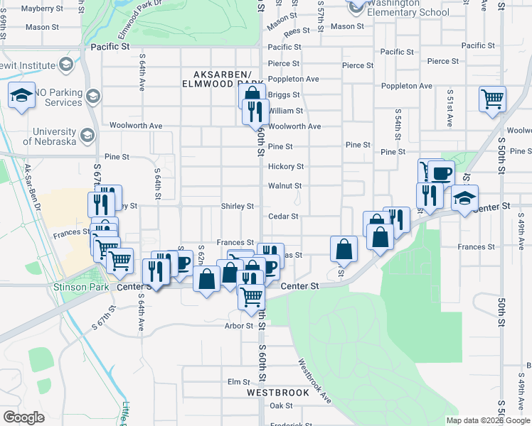 map of restaurants, bars, coffee shops, grocery stores, and more near 2001 South 60th Street in Omaha