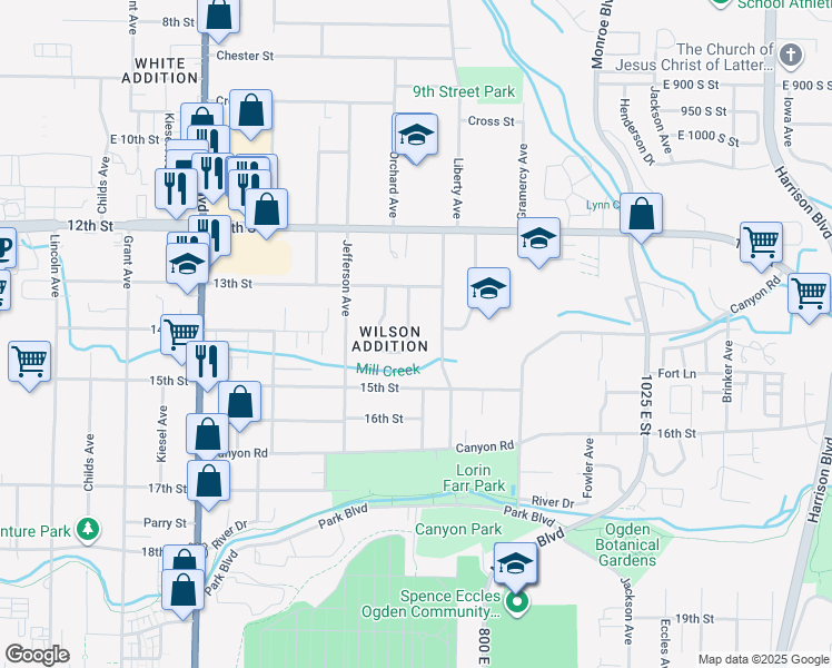 map of restaurants, bars, coffee shops, grocery stores, and more near 1362 Madison Avenue in Ogden