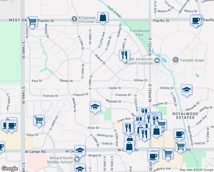 map of restaurants, bars, coffee shops, grocery stores, and more near 13568 Cedar Street in Omaha