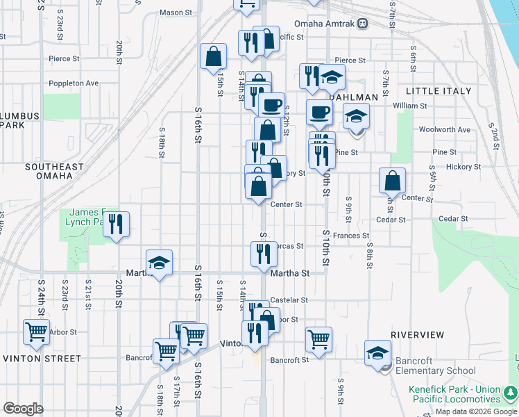 map of restaurants, bars, coffee shops, grocery stores, and more near 1906 South 13th Street in Omaha