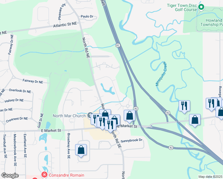 map of restaurants, bars, coffee shops, grocery stores, and more near 491 Quarry Lane Northeast in Warren
