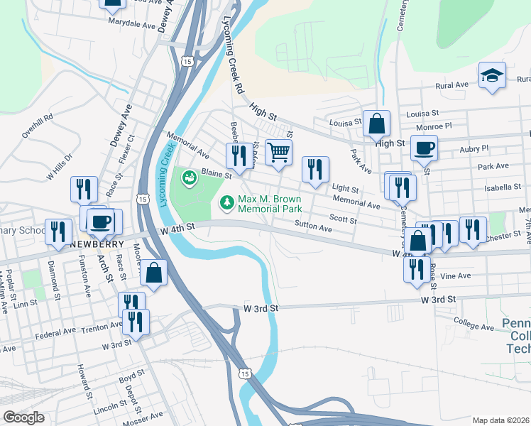map of restaurants, bars, coffee shops, grocery stores, and more near 442 Beeber Street in Williamsport