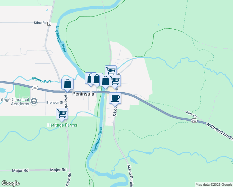 map of restaurants, bars, coffee shops, grocery stores, and more near Main St & Akron Peninsula Rd in Peninsula