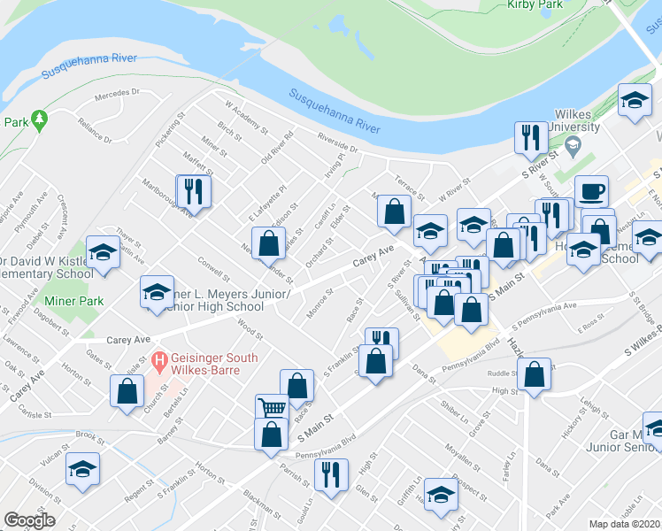 map of restaurants, bars, coffee shops, grocery stores, and more near 89 Carey Avenue in Wilkes-Barre