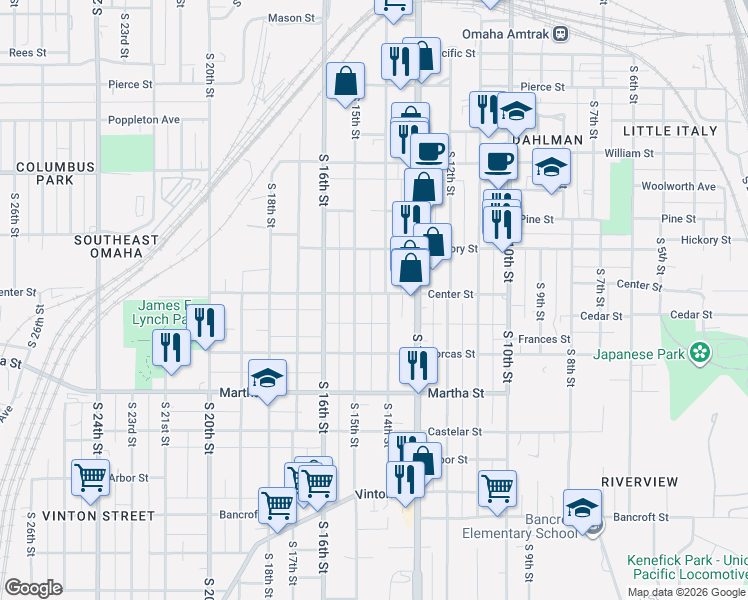 map of restaurants, bars, coffee shops, grocery stores, and more near 1913 South 15th Street in Omaha