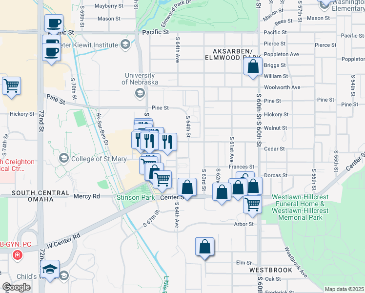 map of restaurants, bars, coffee shops, grocery stores, and more near 1925 South 64th Avenue in Omaha