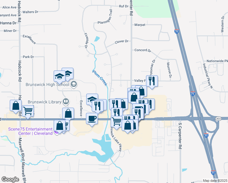 map of restaurants, bars, coffee shops, grocery stores, and more near 1269 Old Eagle Drive in Brunswick