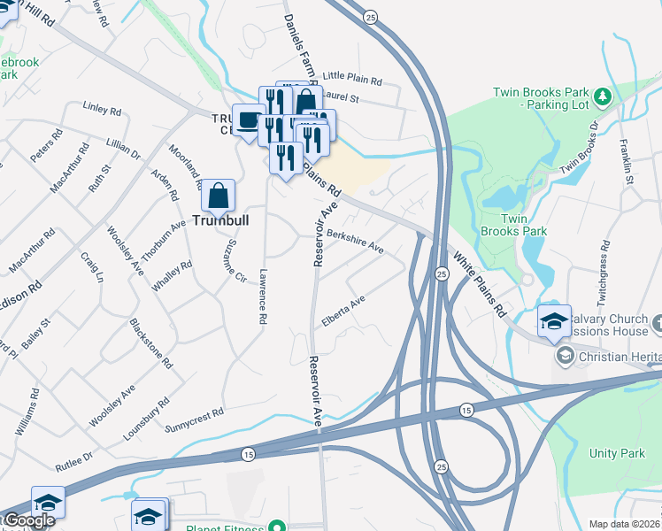map of restaurants, bars, coffee shops, grocery stores, and more near 12 Sunset Avenue in Trumbull