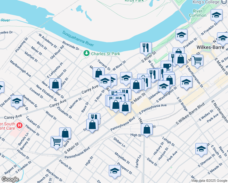 map of restaurants, bars, coffee shops, grocery stores, and more near 86 Academy Street in Wilkes-Barre