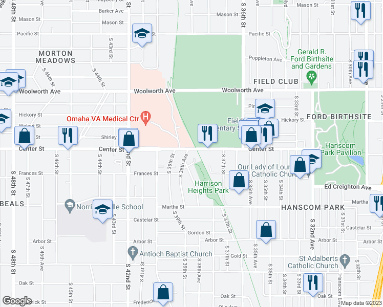 map of restaurants, bars, coffee shops, grocery stores, and more near 3839 Center Street in Omaha