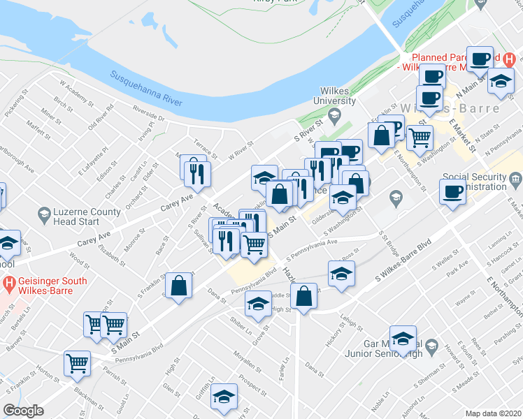map of restaurants, bars, coffee shops, grocery stores, and more near 338 S Franklin St in Wilkes-Barre