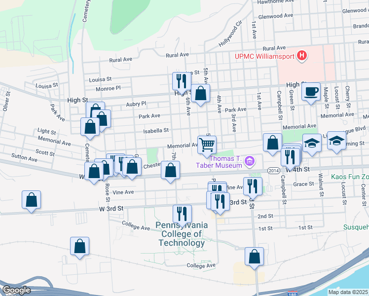 map of restaurants, bars, coffee shops, grocery stores, and more near 510 6th Avenue in Williamsport