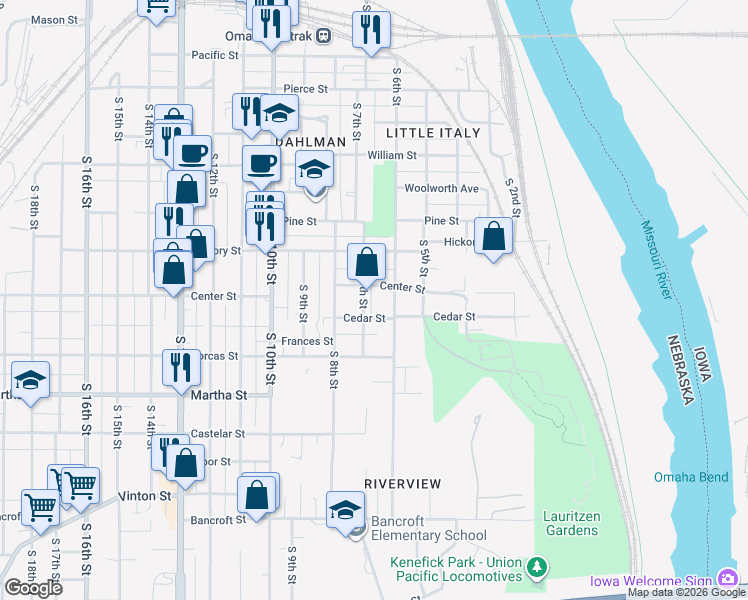 map of restaurants, bars, coffee shops, grocery stores, and more near 1903 South 7th Street in Omaha