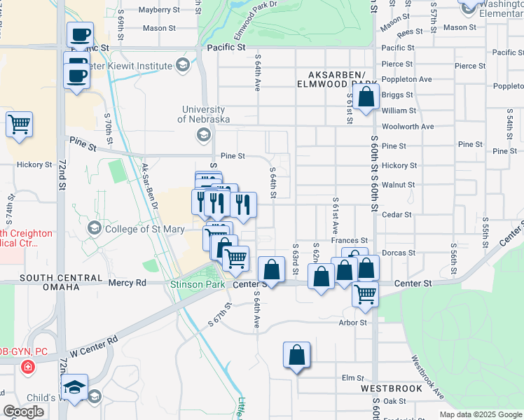 map of restaurants, bars, coffee shops, grocery stores, and more near 1925 South 64th Avenue in Omaha
