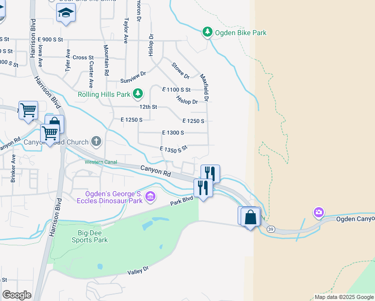 map of restaurants, bars, coffee shops, grocery stores, and more near 1643 East 1350 South Street in Ogden