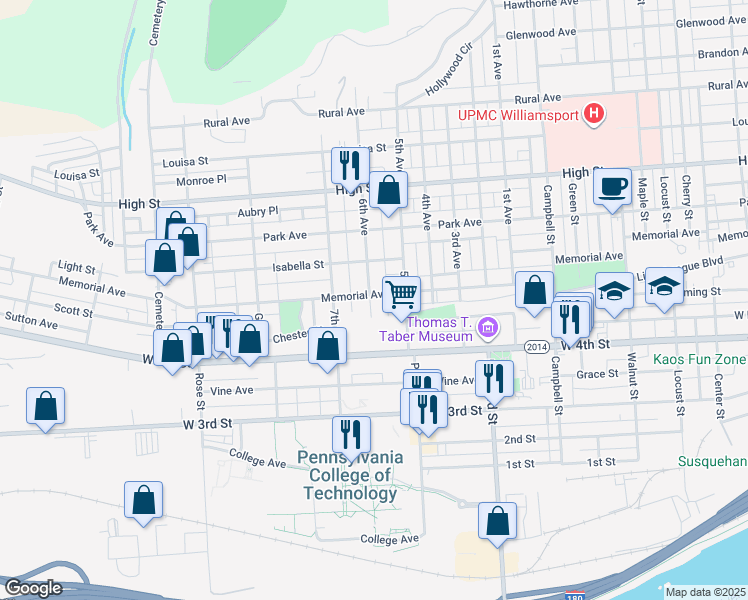 map of restaurants, bars, coffee shops, grocery stores, and more near 510 6th Avenue in Williamsport