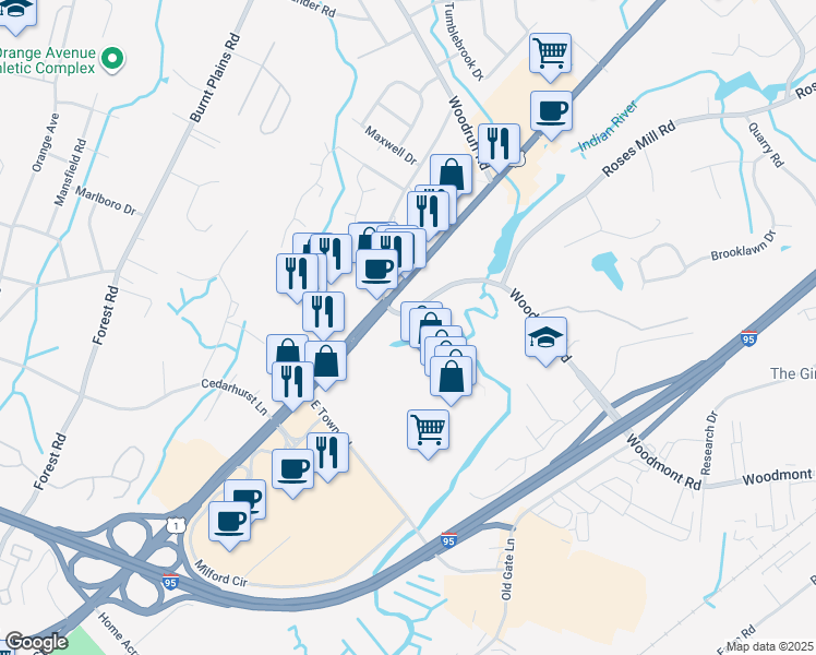 map of restaurants, bars, coffee shops, grocery stores, and more near 51-53 Roses Mill Road in Milford