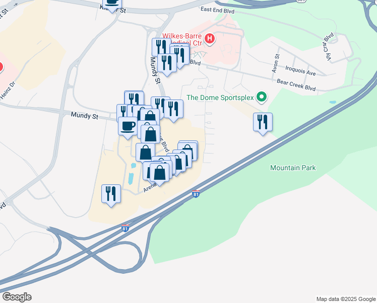 map of restaurants, bars, coffee shops, grocery stores, and more near 501 Arena Hub Plaza in Wilkes-Barre Township