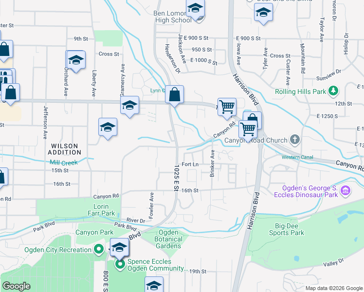 map of restaurants, bars, coffee shops, grocery stores, and more near 1014 Creekside Drive in Ogden