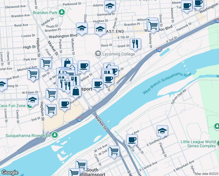 map of restaurants, bars, coffee shops, grocery stores, and more near 154 Academy Street in Williamsport