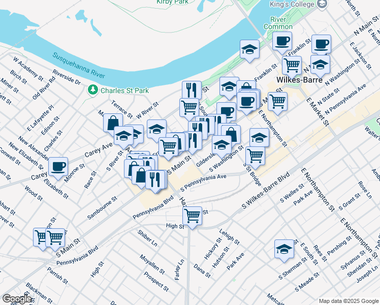 map of restaurants, bars, coffee shops, grocery stores, and more near 295 South Main Street in Wilkes-Barre