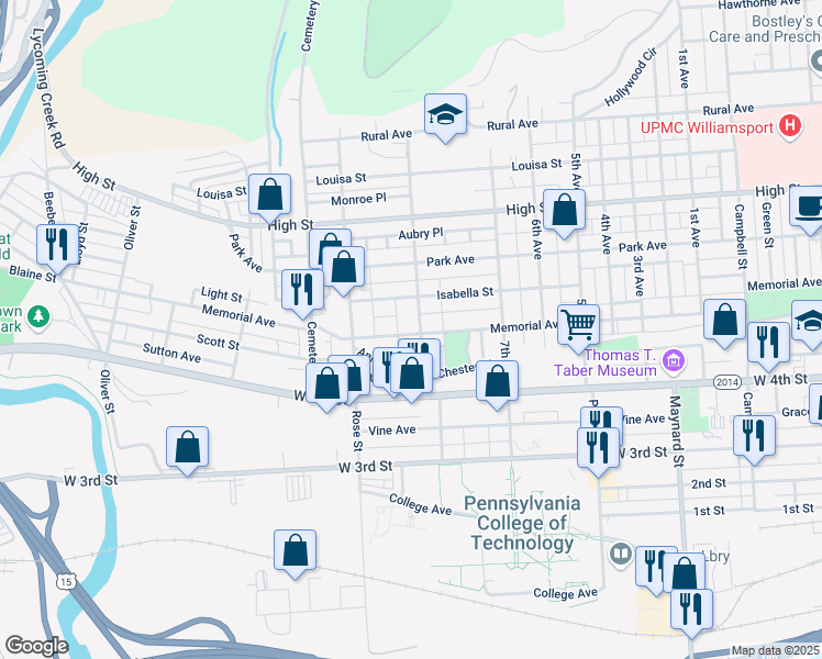 map of restaurants, bars, coffee shops, grocery stores, and more near 1217 Memorial Avenue in Williamsport