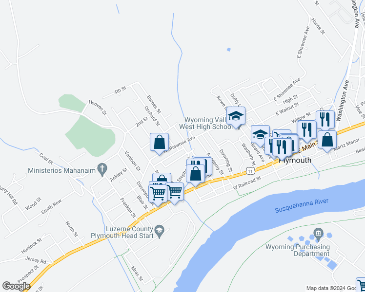 map of restaurants, bars, coffee shops, grocery stores, and more near 336 West Shawnee Avenue in Plymouth