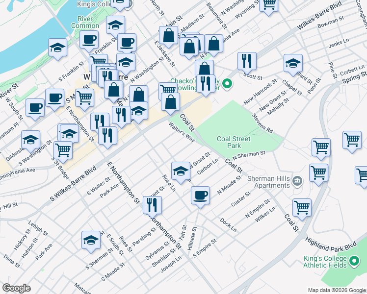 map of restaurants, bars, coffee shops, grocery stores, and more near 51 North Hancock Street in Wilkes-Barre
