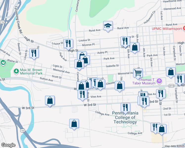 map of restaurants, bars, coffee shops, grocery stores, and more near 1217 Memorial Avenue in Williamsport