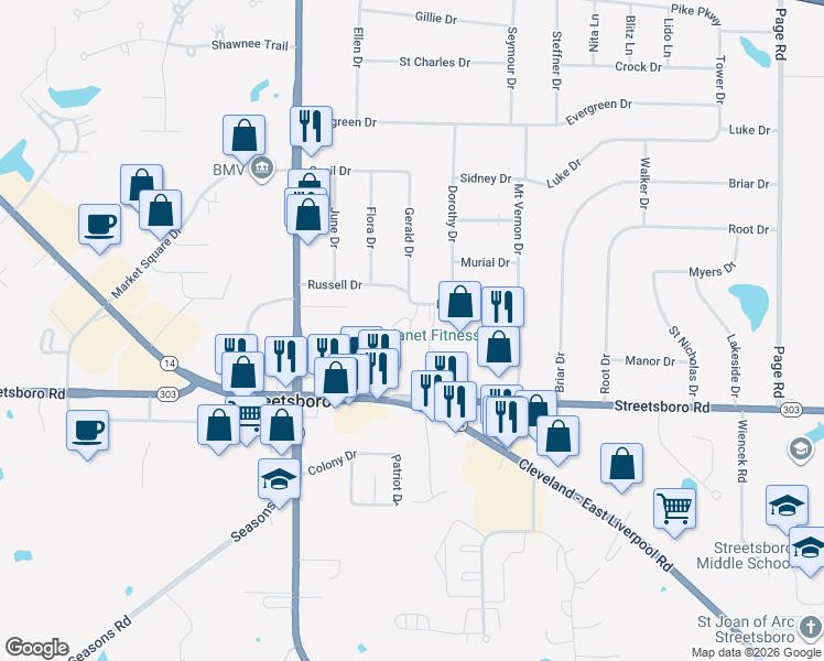 map of restaurants, bars, coffee shops, grocery stores, and more near 1482 Russell Drive in Streetsboro