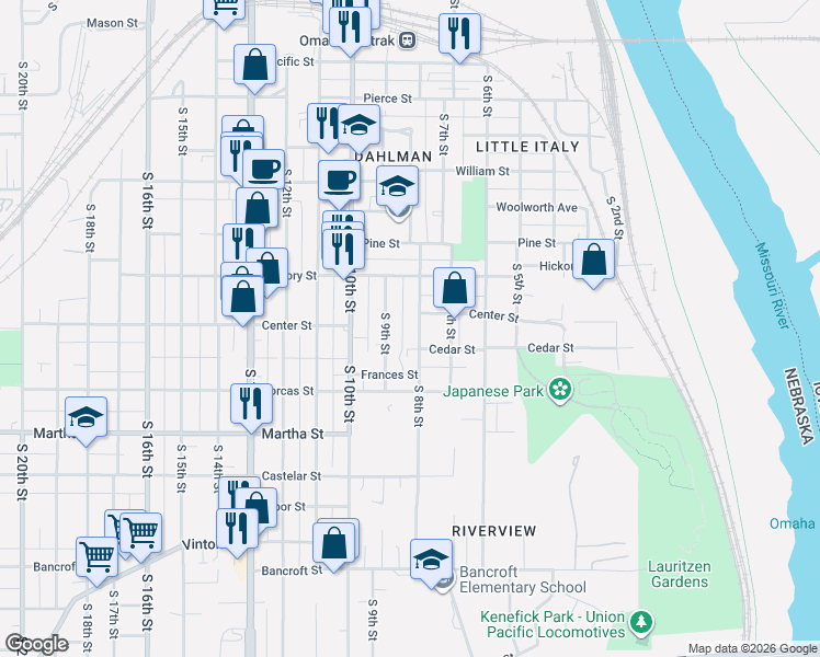 map of restaurants, bars, coffee shops, grocery stores, and more near 1919 South 8th Street in Omaha