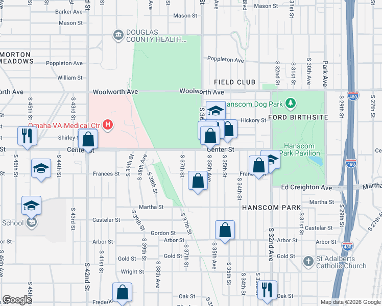 map of restaurants, bars, coffee shops, grocery stores, and more near 1912 South 36th Street in Omaha