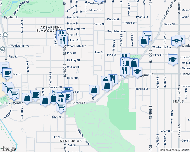 map of restaurants, bars, coffee shops, grocery stores, and more near 5601 Cedar Street in Omaha