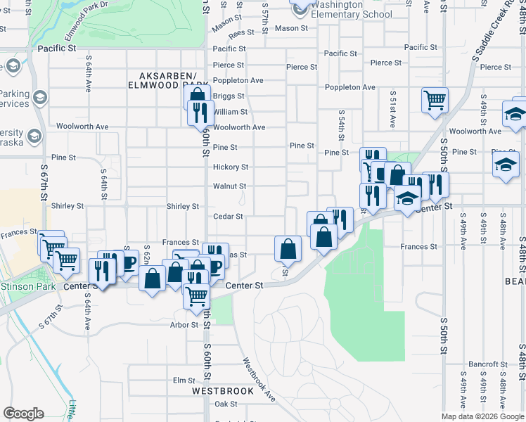 map of restaurants, bars, coffee shops, grocery stores, and more near 5635 Cedar Street in Omaha