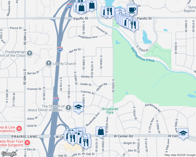 map of restaurants, bars, coffee shops, grocery stores, and more near 1877 South 107th Street in Omaha