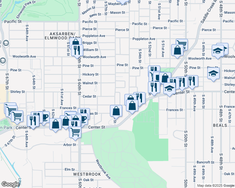map of restaurants, bars, coffee shops, grocery stores, and more near 5601 Cedar Street in Omaha