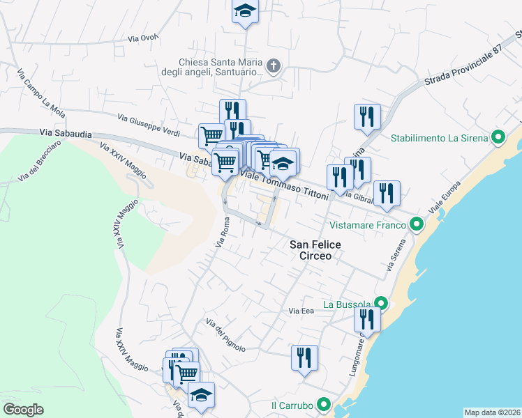 map of restaurants, bars, coffee shops, grocery stores, and more near 33 Via Poniatowskj in San Felice Circeo