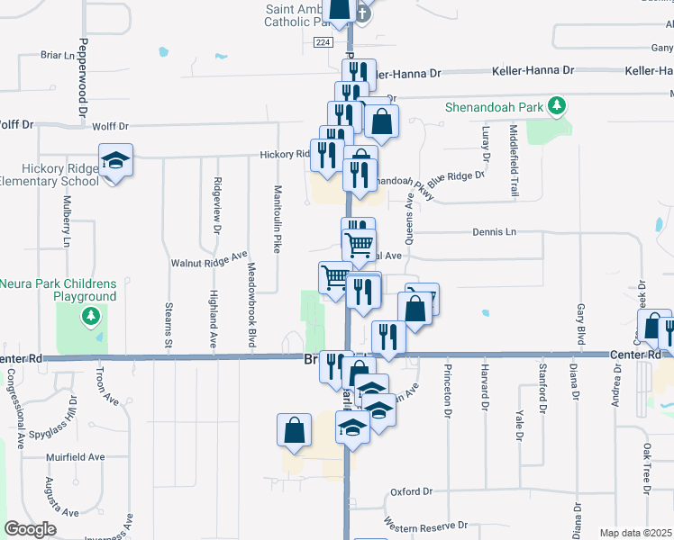 map of restaurants, bars, coffee shops, grocery stores, and more near 1266 Pearl Road in Brunswick