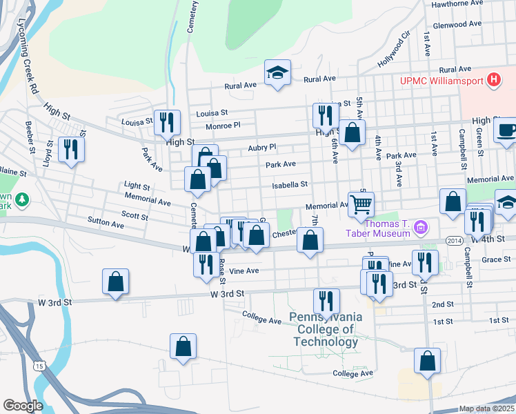 map of restaurants, bars, coffee shops, grocery stores, and more near 522 Grier Street in Williamsport