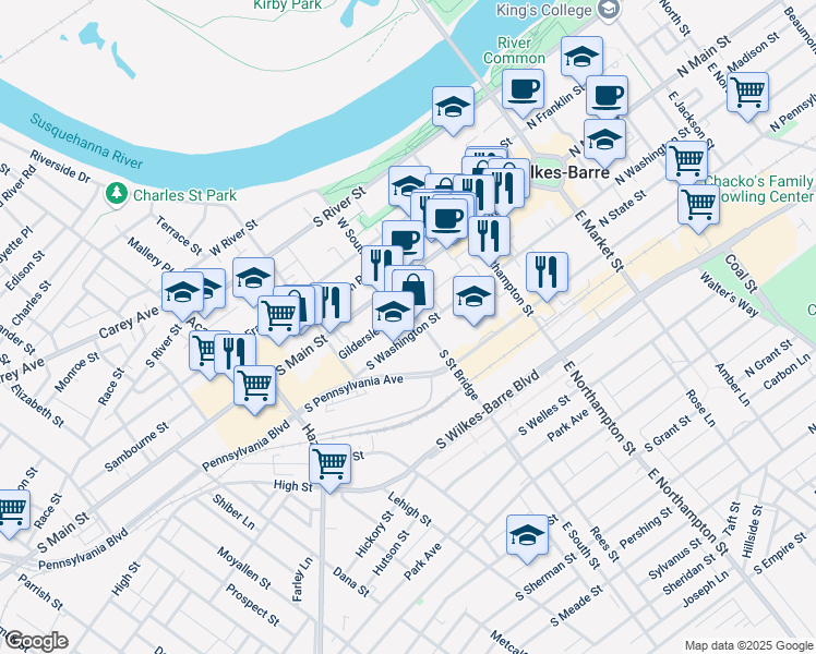 map of restaurants, bars, coffee shops, grocery stores, and more near 239 South Washington Street in Wilkes-Barre