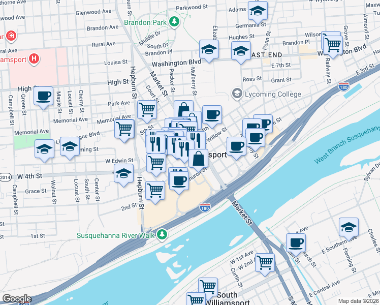 map of restaurants, bars, coffee shops, grocery stores, and more near 14 West Willow Street in Williamsport