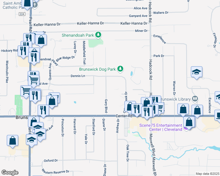 map of restaurants, bars, coffee shops, grocery stores, and more near 1271 Gary Boulevard in Brunswick