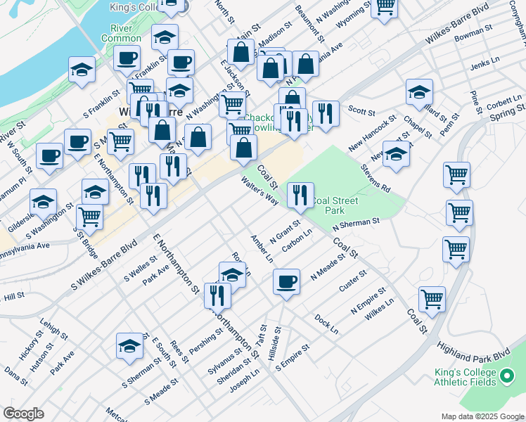 map of restaurants, bars, coffee shops, grocery stores, and more near 60 North Hancock Street in Wilkes-Barre