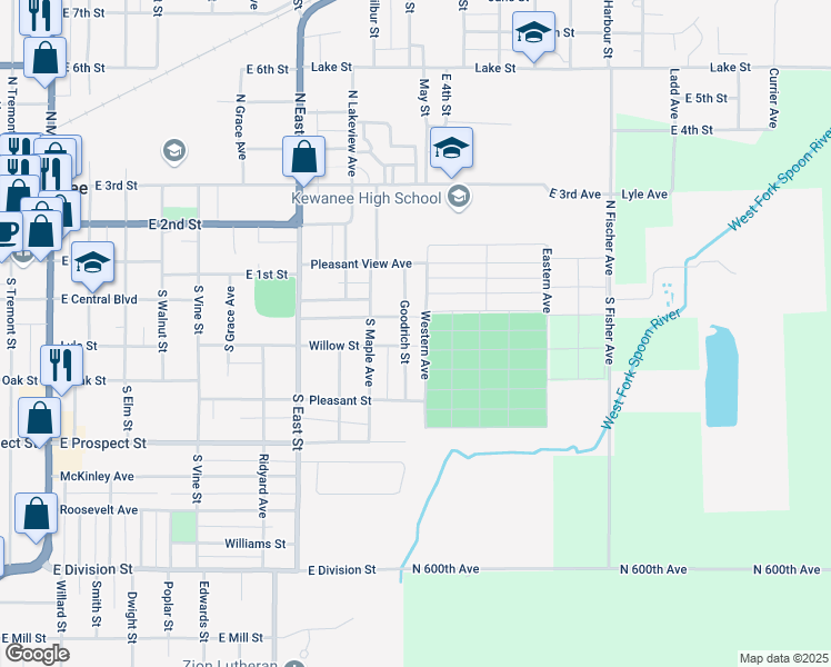 map of restaurants, bars, coffee shops, grocery stores, and more near 235 Goodrich Street in Kewanee