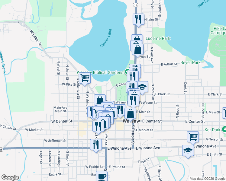 map of restaurants, bars, coffee shops, grocery stores, and more near 307 North Indiana Street in Warsaw