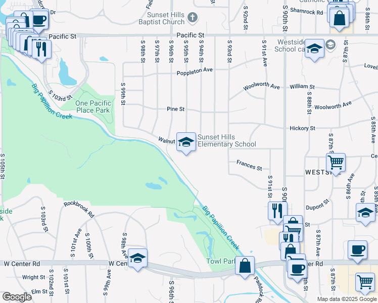 map of restaurants, bars, coffee shops, grocery stores, and more near 9503 Walnut Street in Omaha