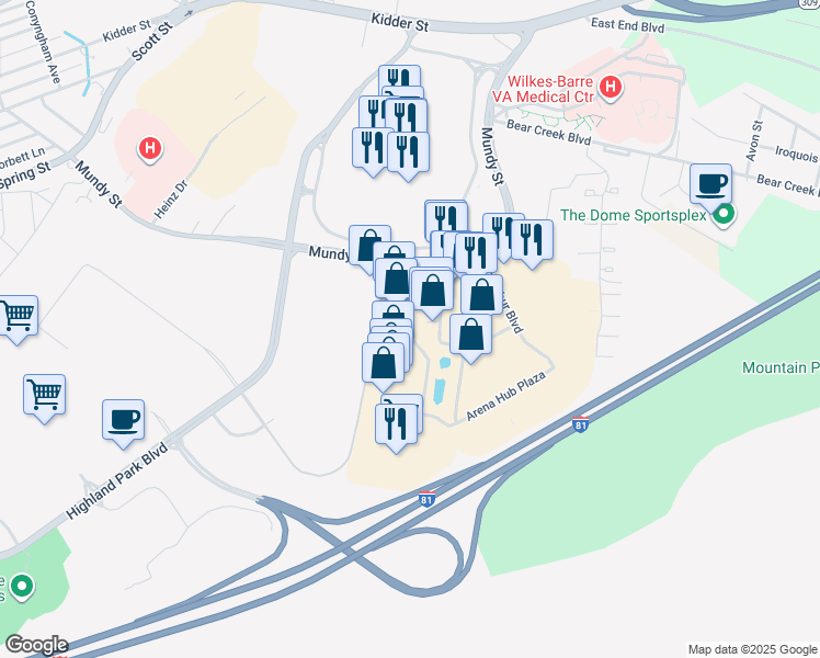 map of restaurants, bars, coffee shops, grocery stores, and more near 3400 Wilkes Barre Township Commons in Wilkes-Barre Township