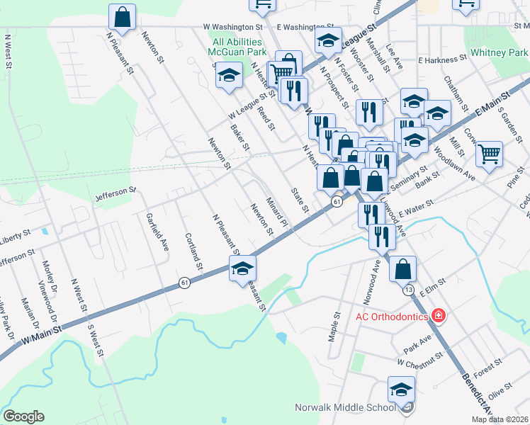 map of restaurants, bars, coffee shops, grocery stores, and more near 11 Newton Street in Norwalk