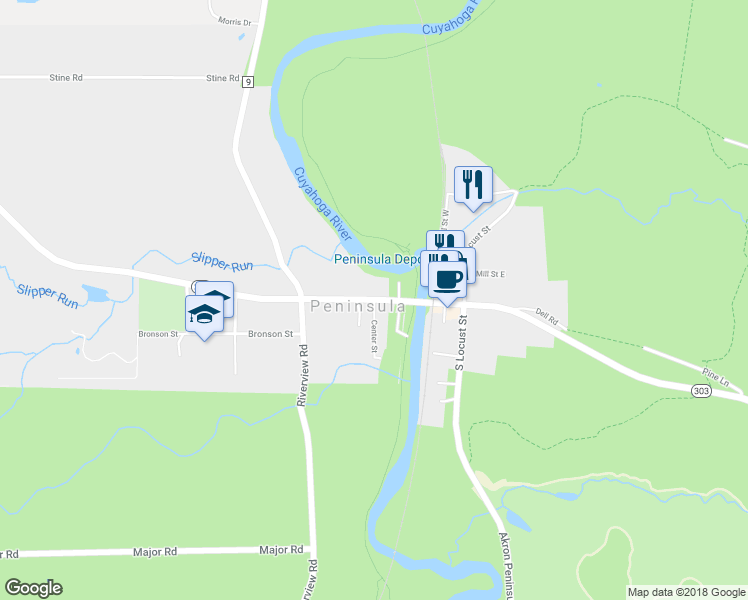 map of restaurants, bars, coffee shops, grocery stores, and more near Ohio 303 in Peninsula