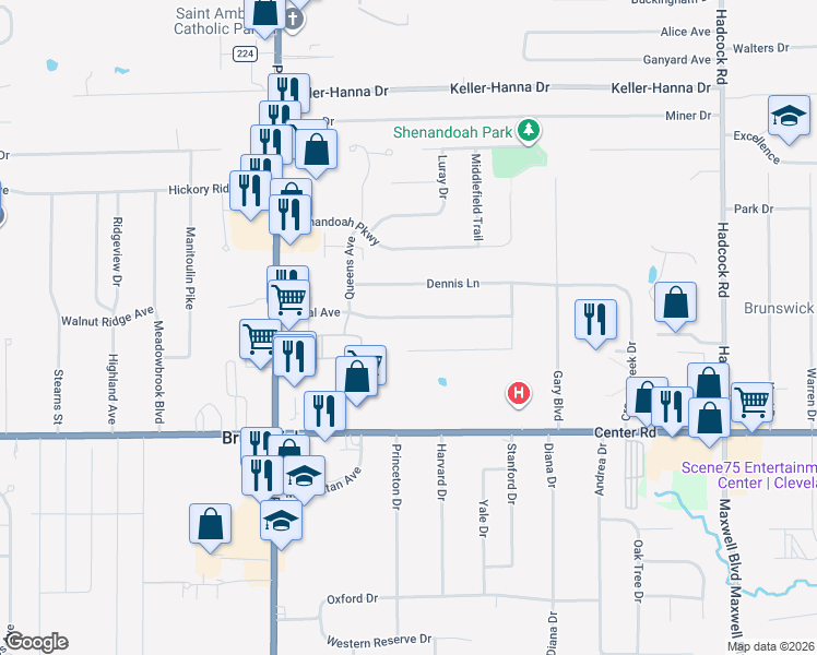 map of restaurants, bars, coffee shops, grocery stores, and more near 4153 Tudor Avenue in Brunswick